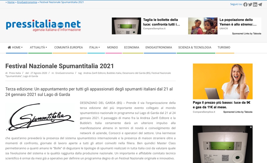 PRESSITALIA.NET: Terza edizione: Un appuntamento per tutti gli appassionati degli spumanti italiani dal 21 al 24 gennaio 2021 sul Lago di Garda