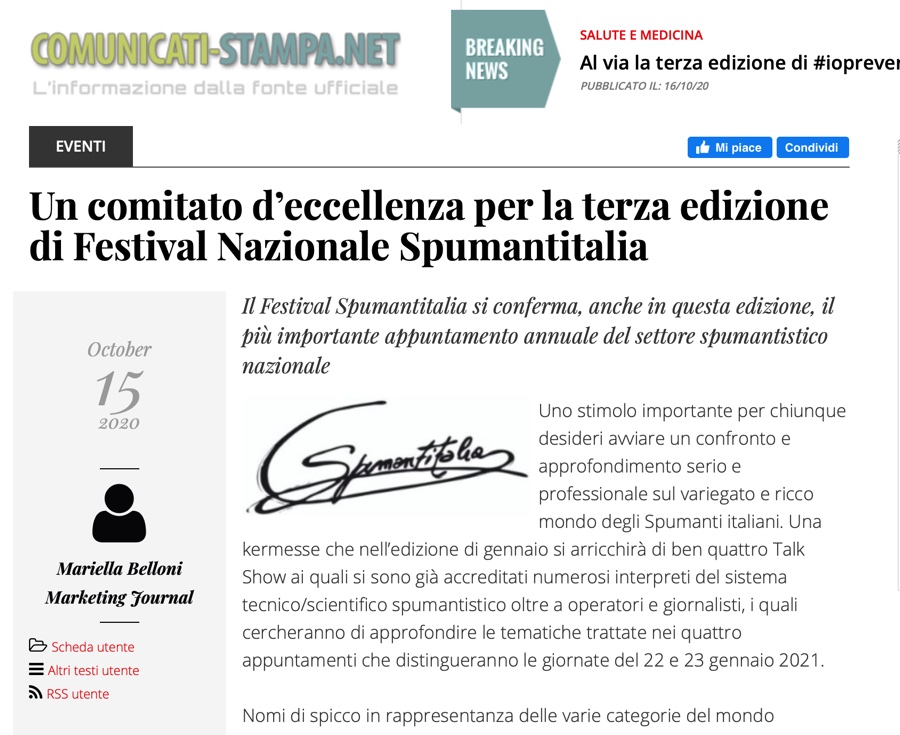 COMUNICATI-STAMPA.NET: Un comitato d’eccellenza per la terza edizione di Festival Nazionale Spumantitalia