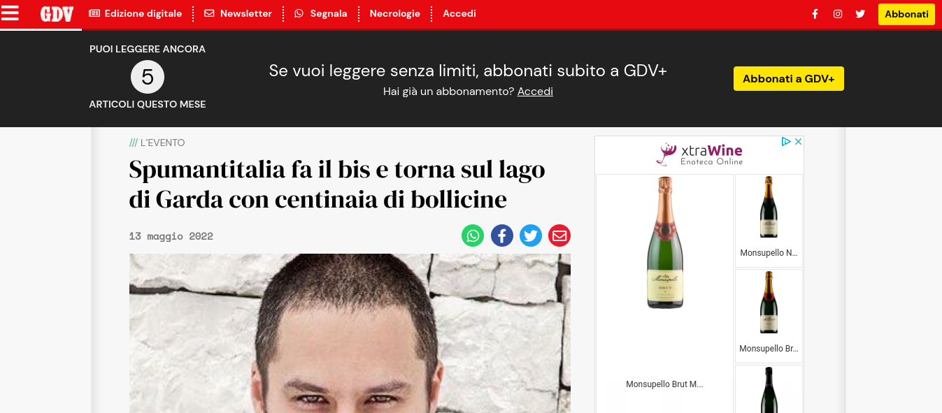 Il Giornale di Vicenza: Spumantitalia fa il bis e torna sul lago di Garda con centinaia di bollicine